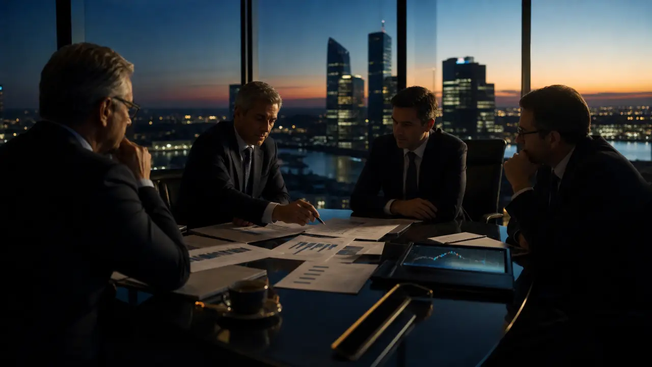 Bureau d'entreprise haut de gamme avec vue sur une ville à l'aube