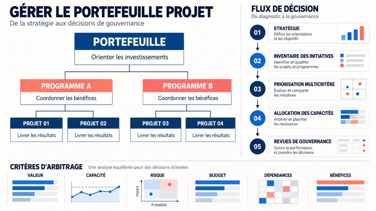 Infographie sur la gestion de portefeuille projet, de la stratégie à la priorisation et à la gouvernance