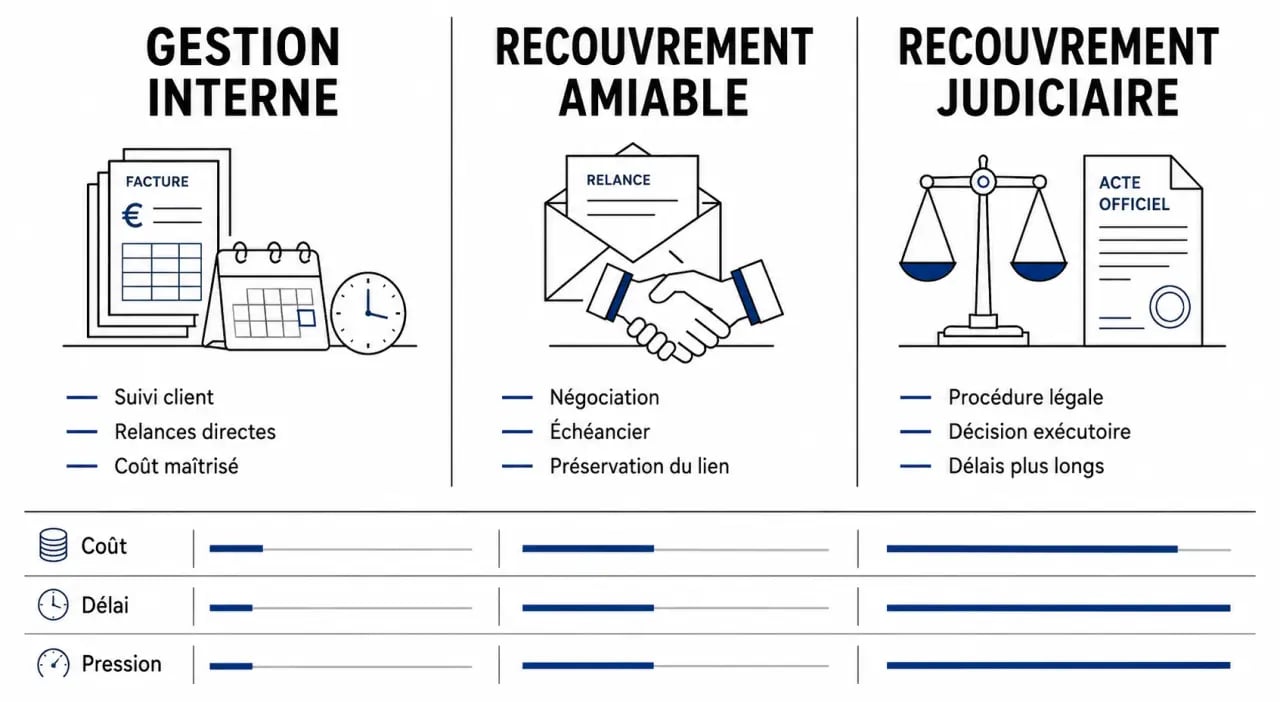 Pourquoi faire appel à un agent de recouvrement de créances : comparatif visuel entre gestion interne, recouvrement amiable et recouvrement judiciaire