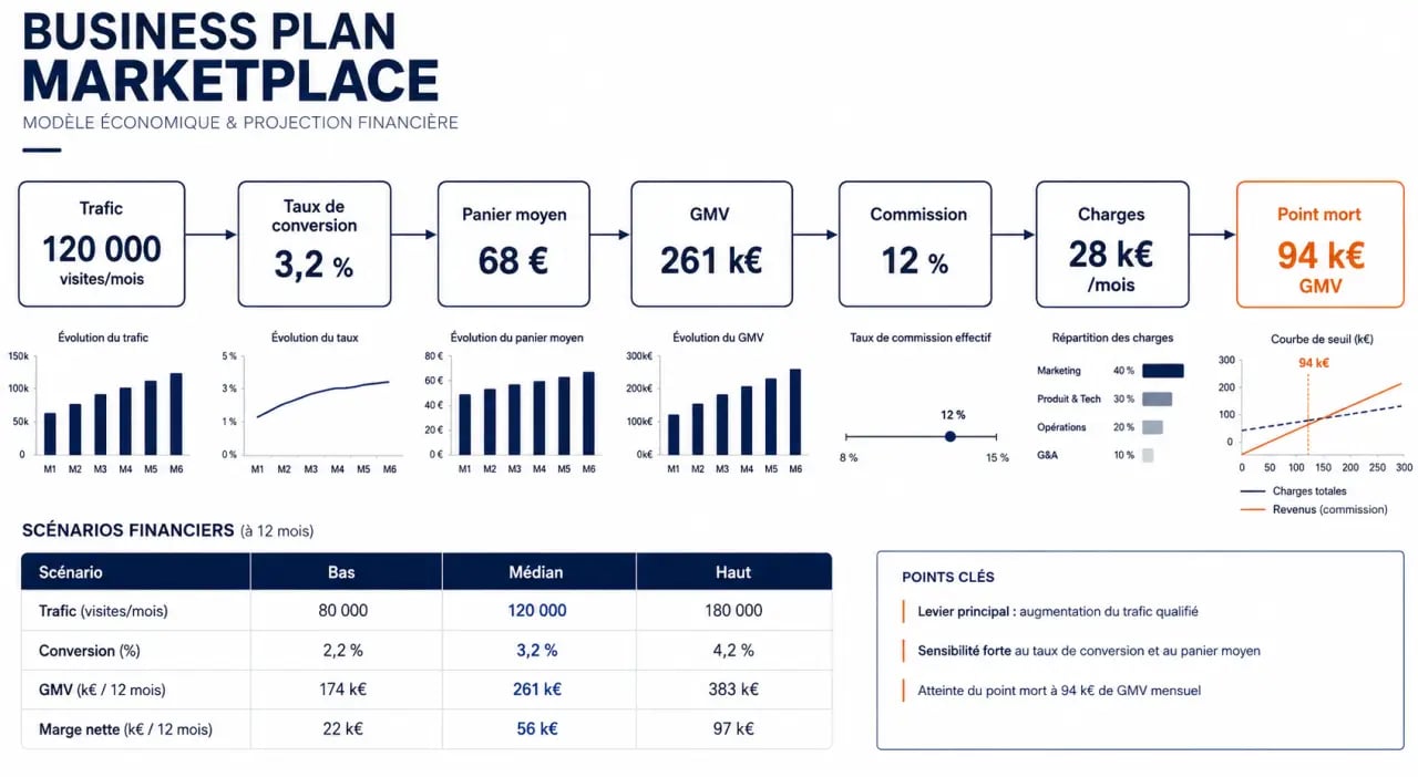 Business plan marketplace : trafic, conversion, GMV, commission et point mort