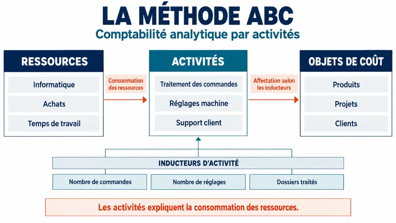 Infographie de compta analytique sur le cheminement ressources activités objets de coût avec la méthode ABC