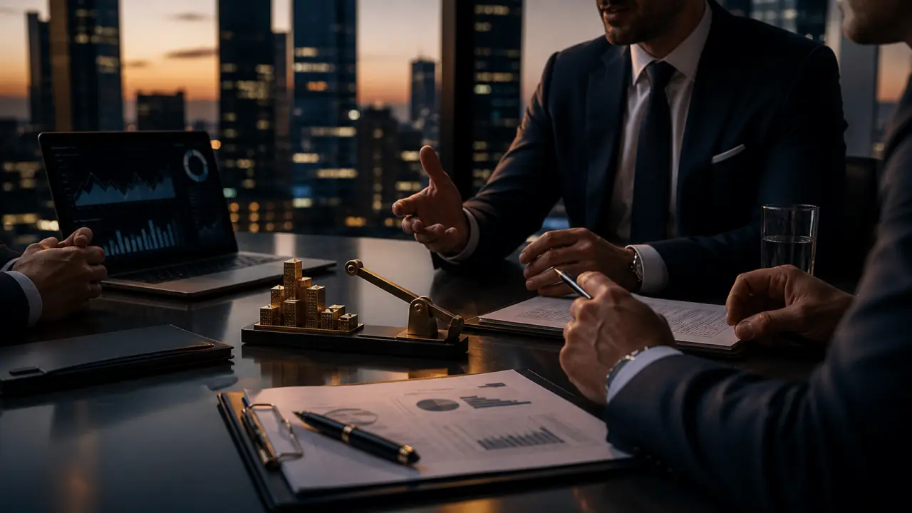 Bureau d’entreprise moderne avec vue sur la ville à l’aube