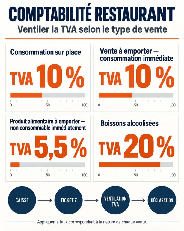 Infographie de comptabilité restaurant sur les taux de TVA selon le mode de vente