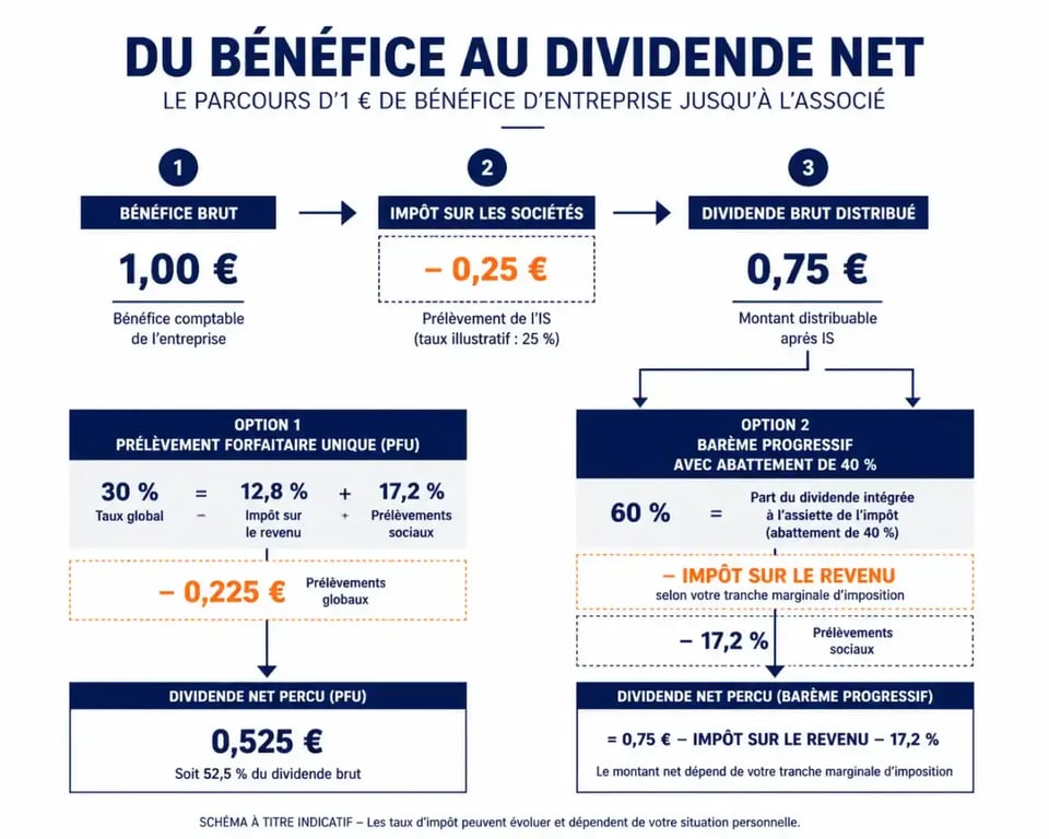 Schéma du calcul de la taxation des dividendes du bénéfice brut au montant net