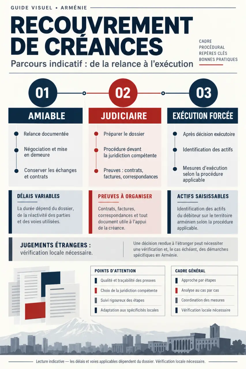 Infographie sur le recouvrement de créances en Arménie, de la négociation à l'exécution forcée