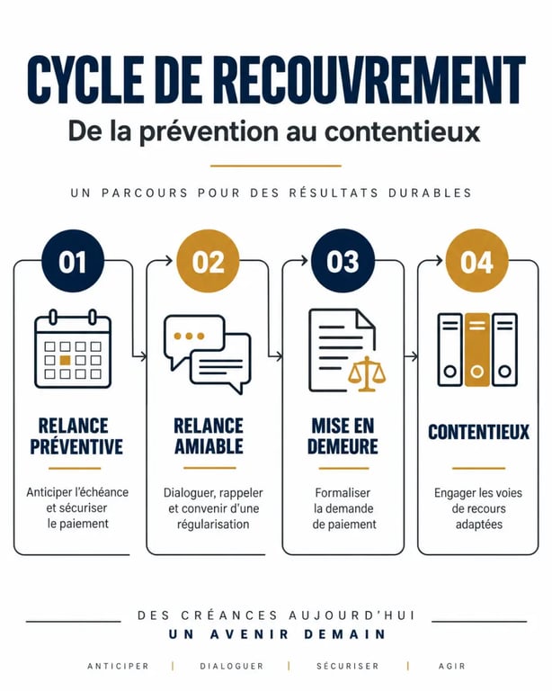 Infographie du cycle de recouvrement de créances pour l'externalisation du recouvrement de créances