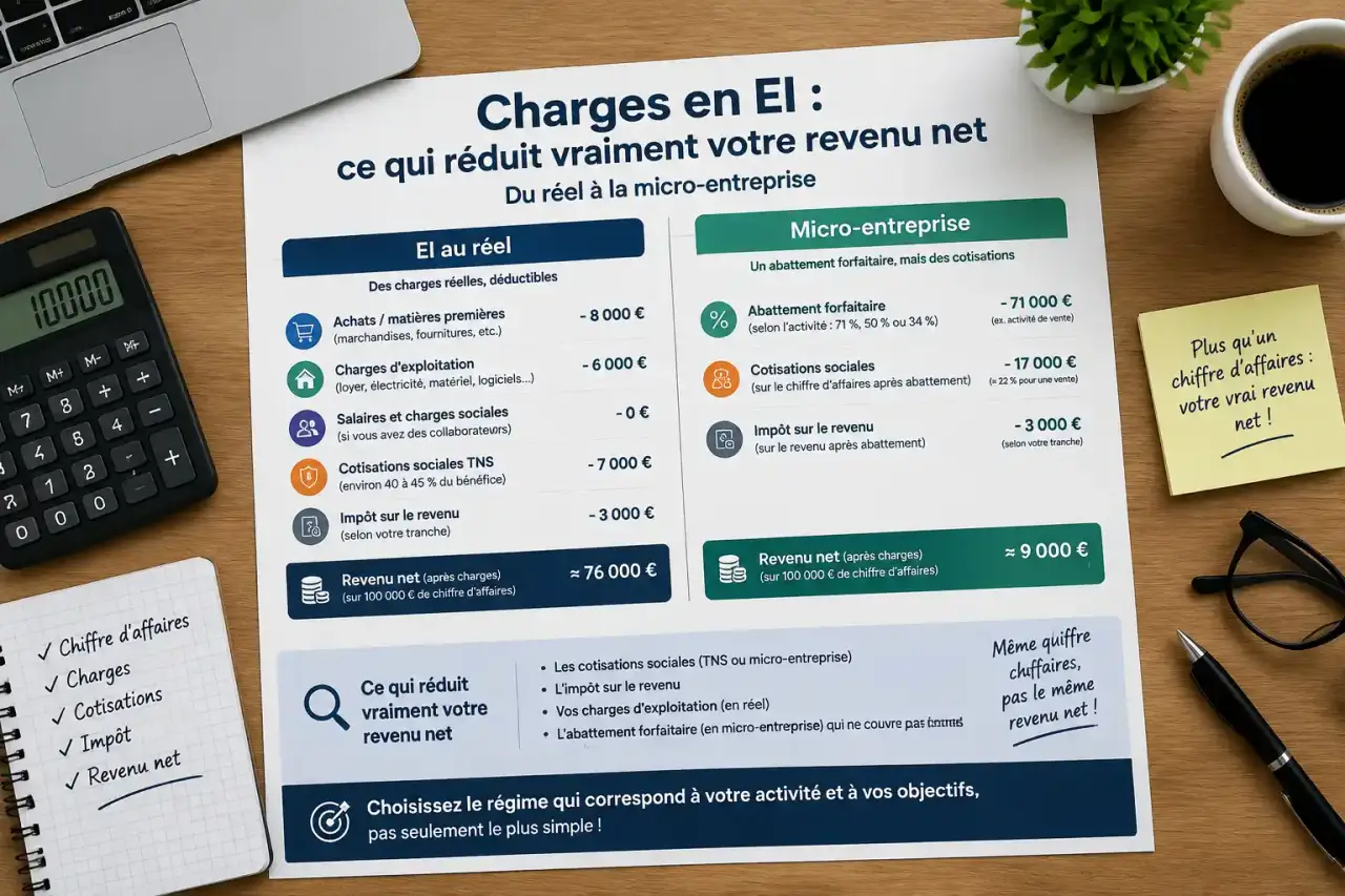 Charges en EI : ce qui réduit vraiment votre revenu net, du réel à la micro-entreprise