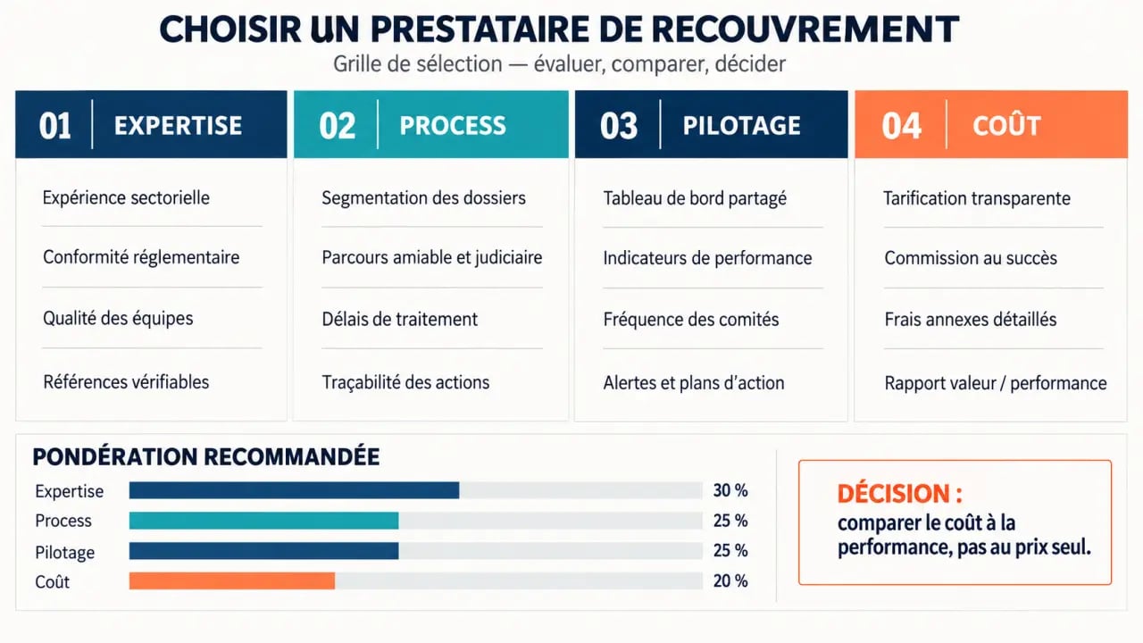 Tableau comparatif des critères pour l'externalisation du recouvrement de créances