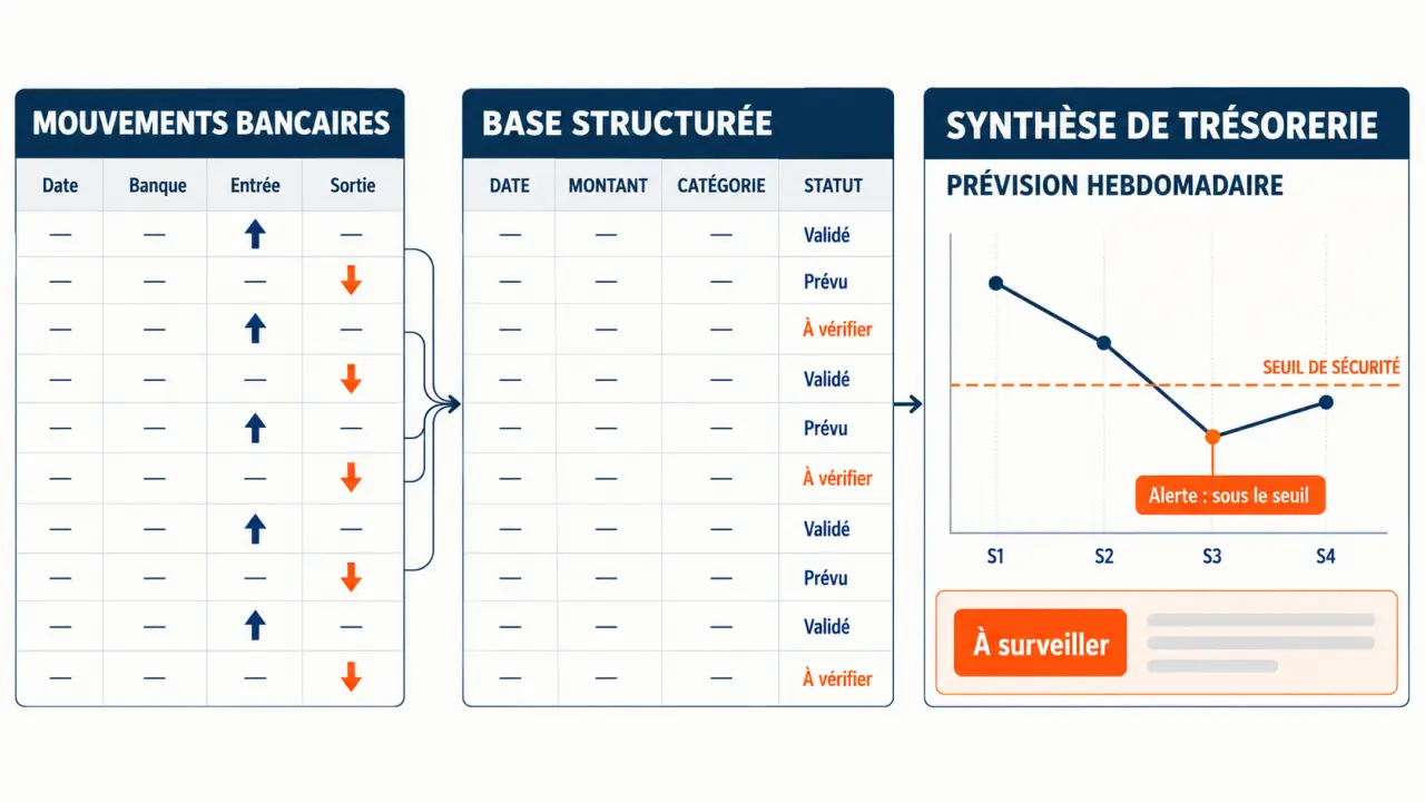 Tableau de flux de trésorerie automatique reliant mouvements bancaires, catégorisation et prévisions