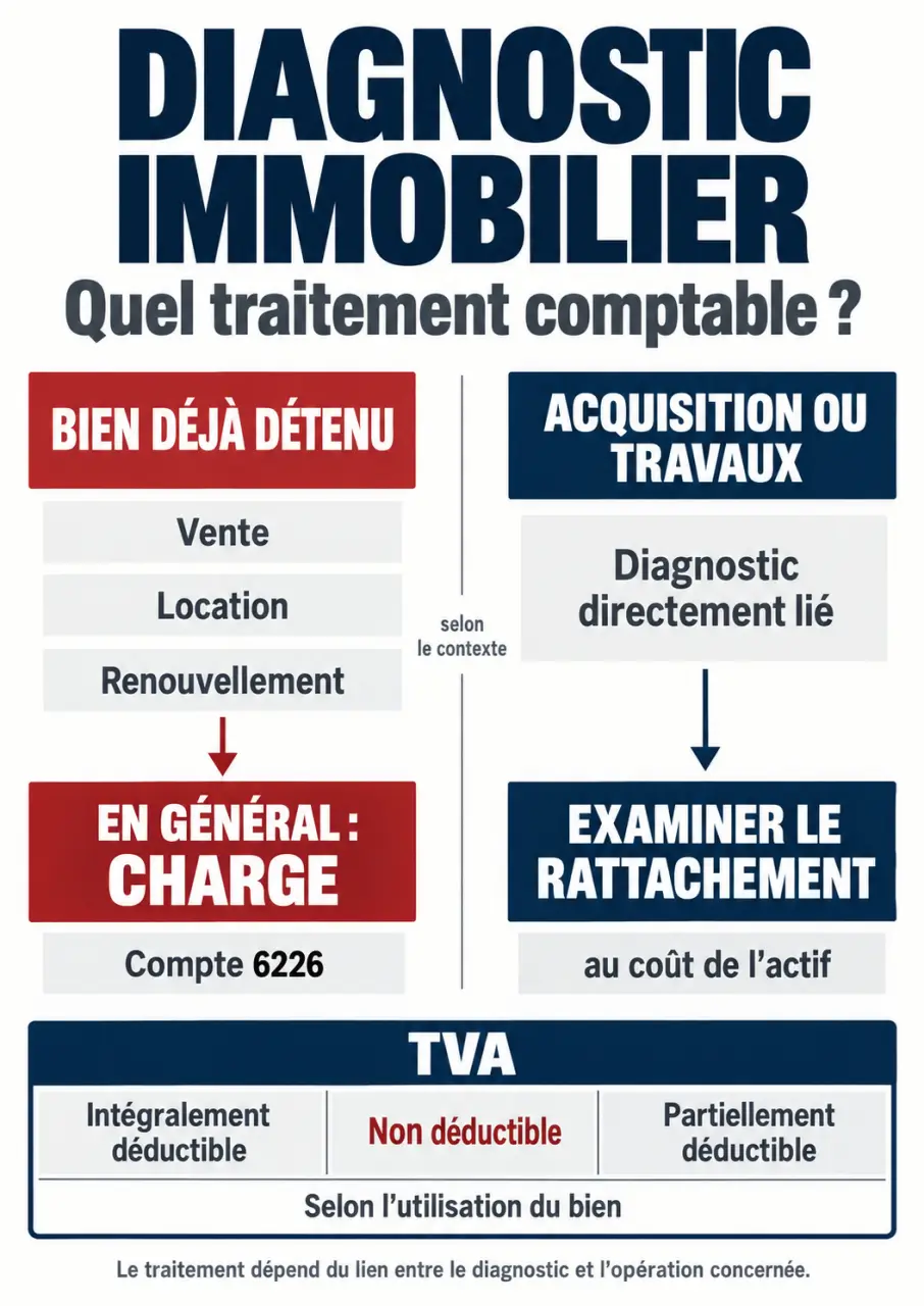 Infographie sur la comptabilisation diagnostic immobilier : charge, compte 6226, immobilisation et TVA