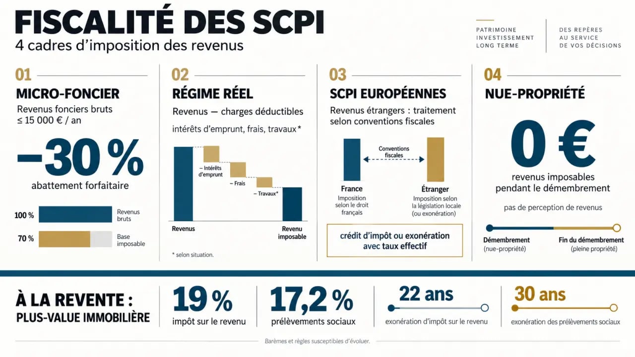 Infographie comparative sur la fiscalité SCPI selon le régime fiscal, la localisation et le démembrement