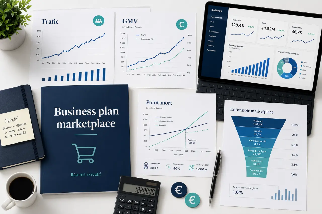 Business plan marketplace : trafic, GMV et point mort à crédibiliser