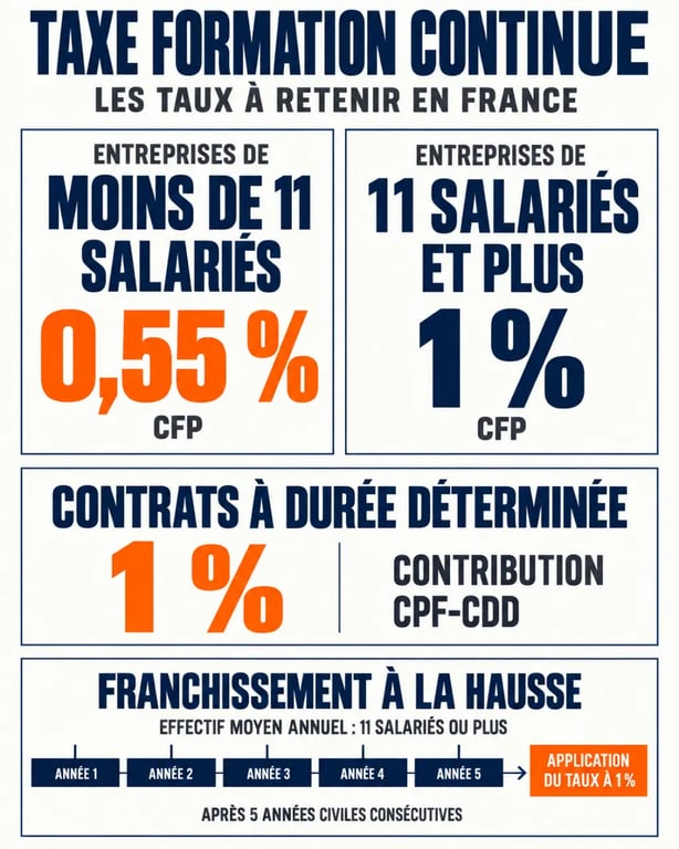 Infographie sur la taxe formation continue, les taux de CFP selon l'effectif et la contribution CPF-CDD