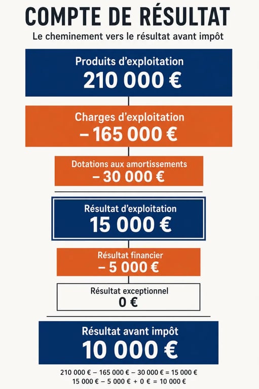 Compte de résultat modèle avec produits, charges et calcul du résultat avant impôt