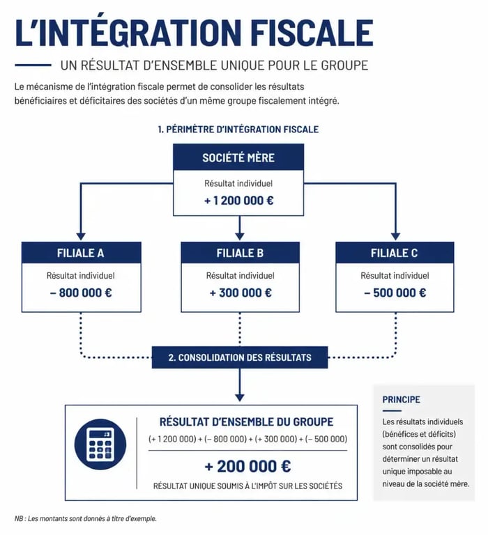 Schéma explicatif du fonctionnement de l'intégration fiscale pour un groupe de sociétés
