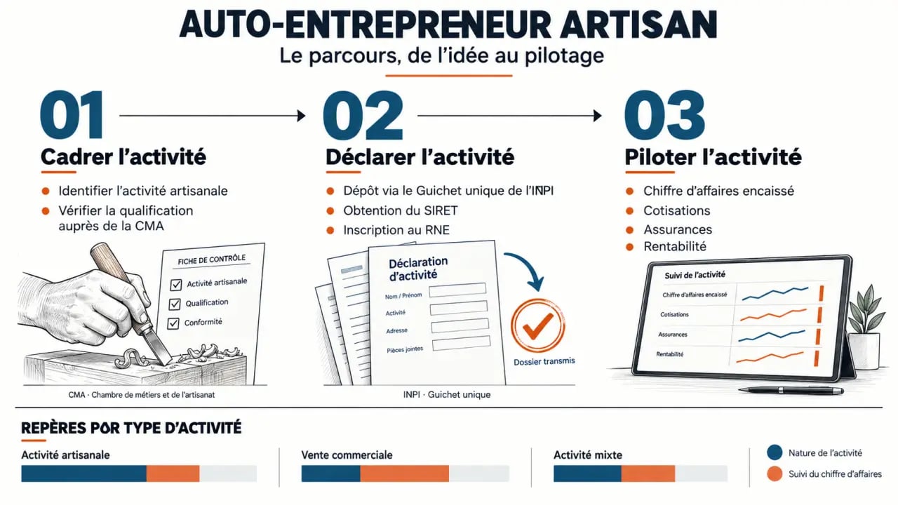 Infographie du parcours entre auto entrepreneur artisan, qualification, Guichet unique et suivi des cotisations