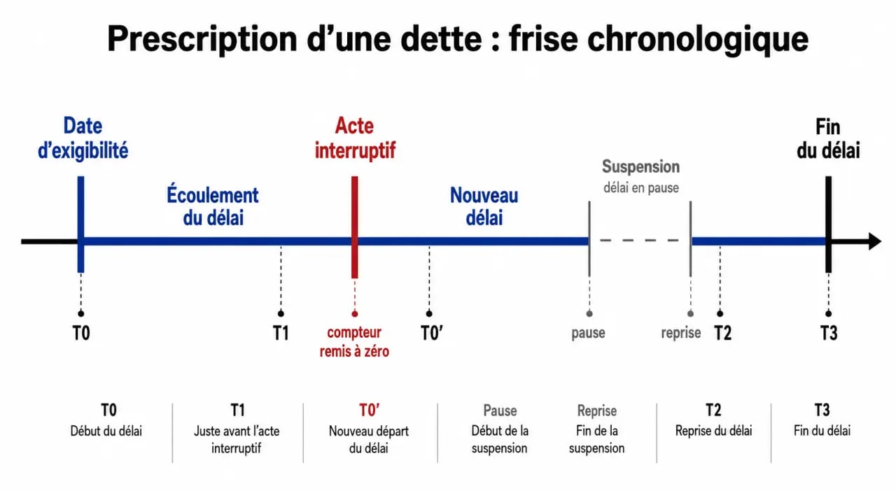 Schéma de prescription dette avec point de départ, interruption et suspension du délai