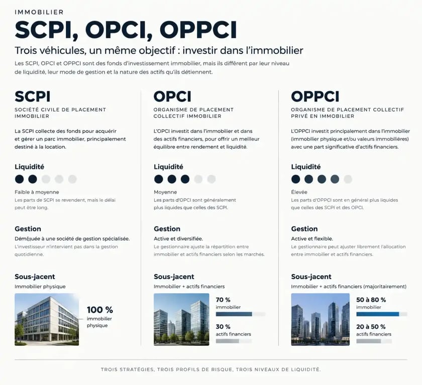 Comparatif visuel des fonds d investissement immobilier SCPI, OPCI et OPPCI