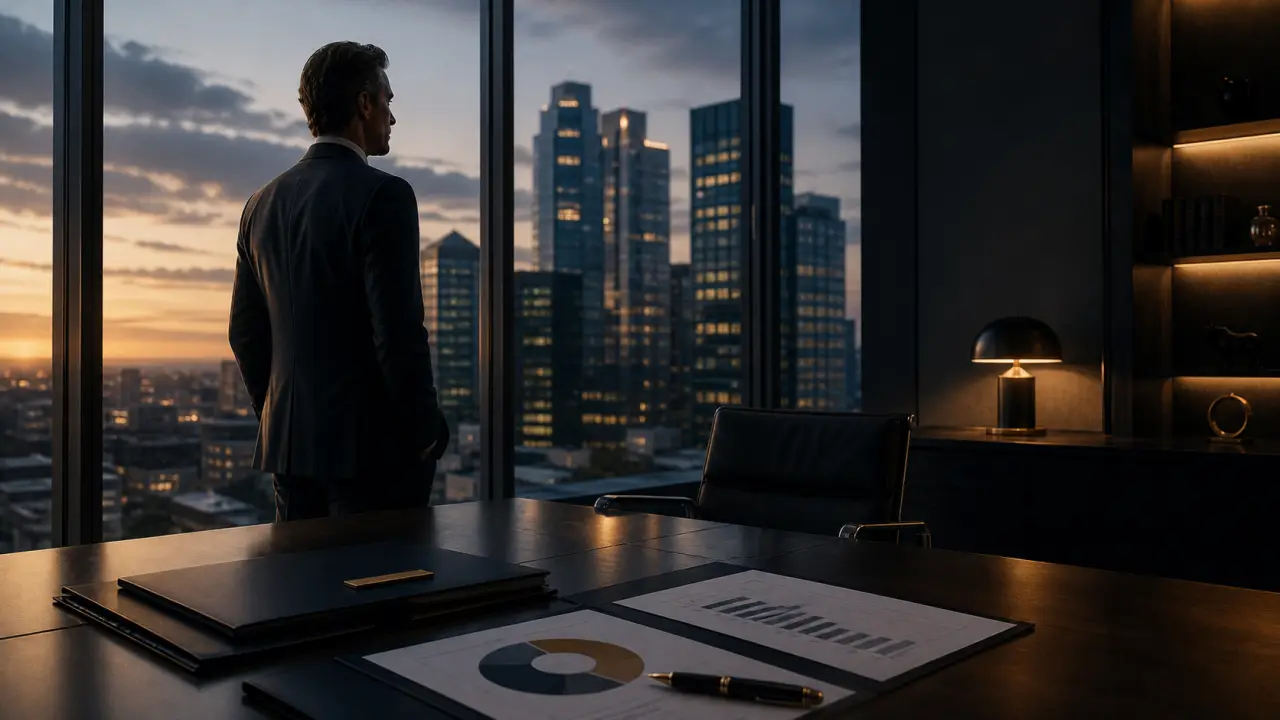 Bureau d'entreprise moderne avec vue sur la ville à l'aube